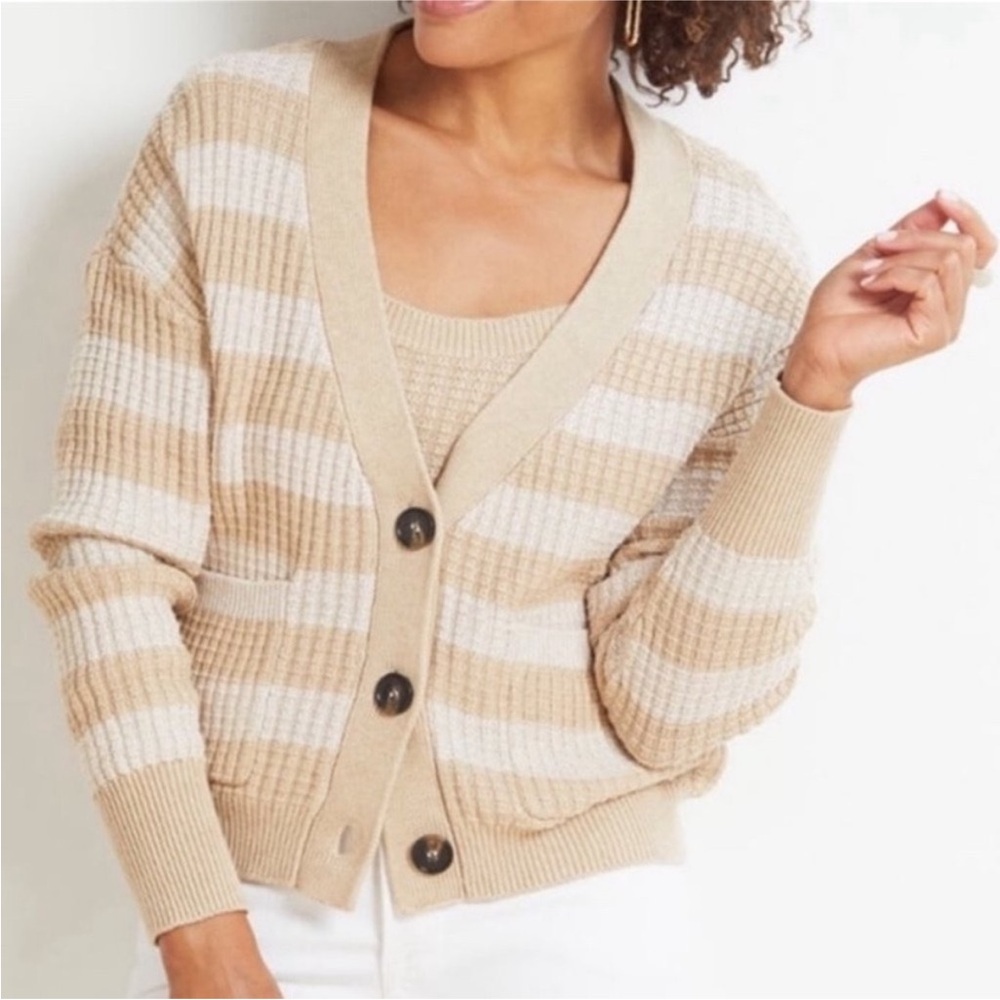 Evereve Tan and Cream Striped Cardigan Cami Set